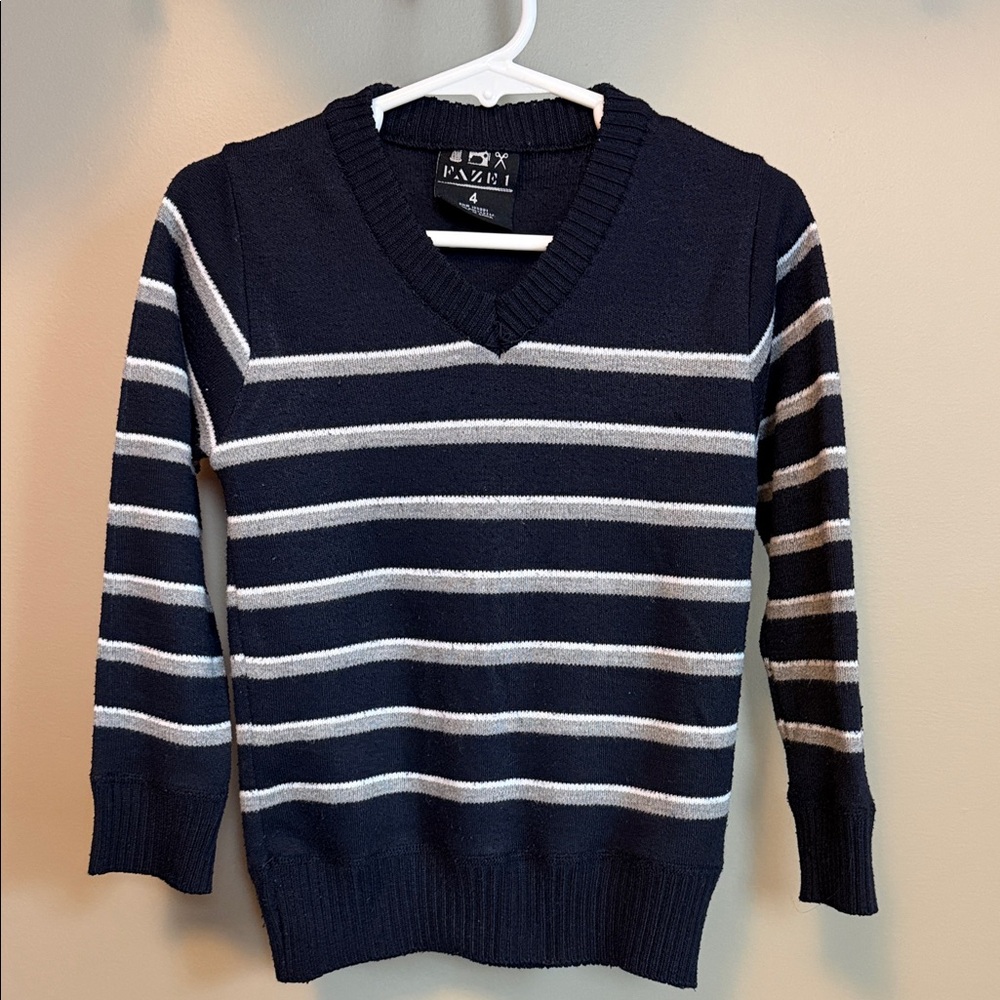 FAZE 1 Kids Size 4 Dark Blue and Light Gray V-Neck Sweater